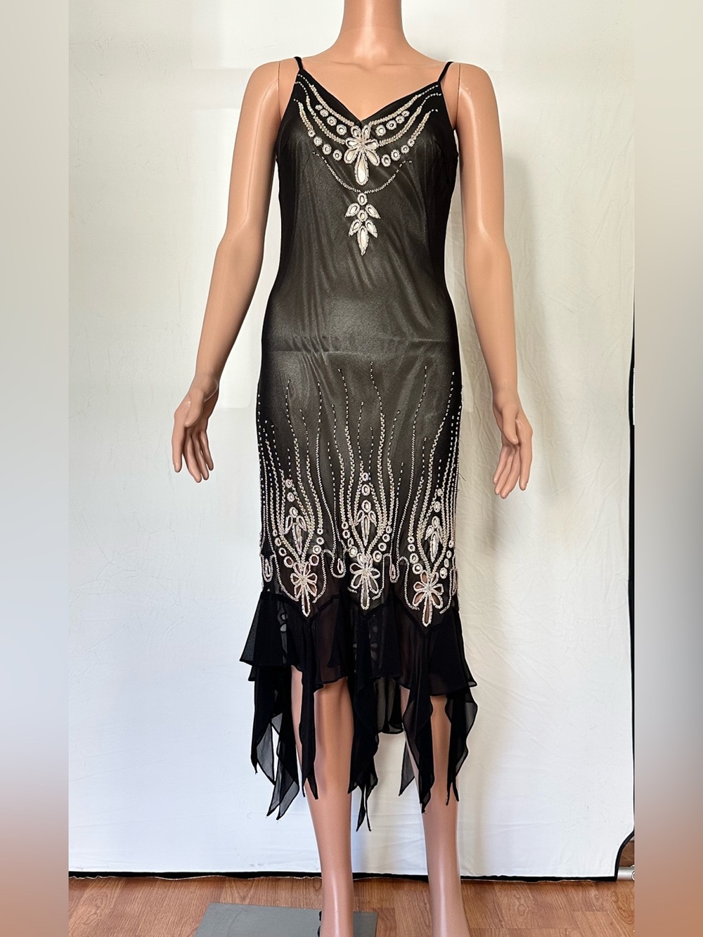 Sue Wong Black Slip Dress with Silver Embellished Handkerchief Hem